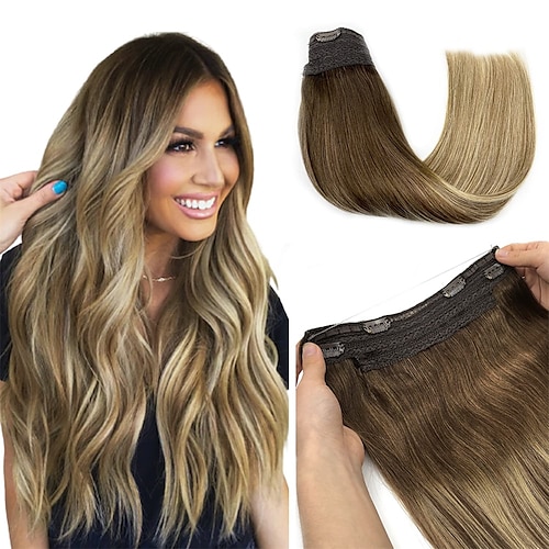 

Halo Hair Extensions Real Human Hair Extensions Straight Brown to Ash Brown and Bleach Blonde Highlight Remy Hair Extensions Hair Extensions 10-26 inch 100g