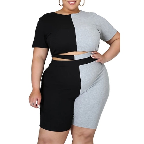 

Women's Plus Size Tops Set Color Block Patchwork Short Sleeve Crewneck Streetwear Daily Going out Polyester Spring Summer Blue Gray