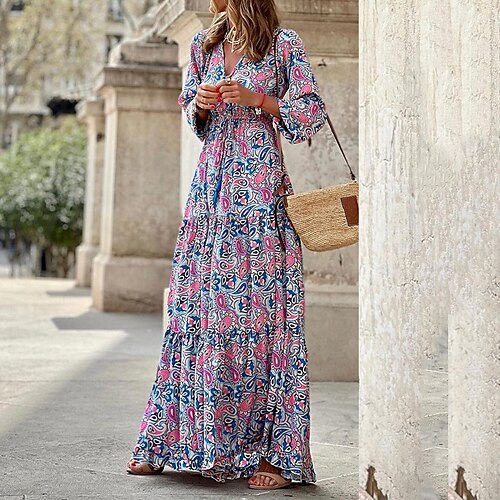 

Women's A Line Dress Maxi long Dress Green Fuchsia Long Sleeve Floral Print Spring Summer V Neck Elegant Casual Vacation 2022 S M L XL