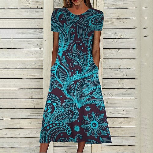 

Women's A Line Dress Midi Dress Blue Short Sleeve Floral Pocket Print Spring Summer Round Neck Stylish Casual Modern 2022 S M L XL XXL 3XL