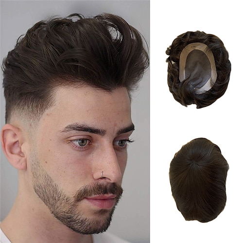 

Toupee for Man Europen Human Hair Replacement Systems Men Hairpiece Mono Lace with PU Around Wig Natural Black Color