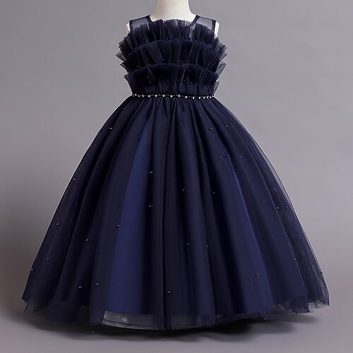 

Kids Girls' Dress Plain Tulle Dress Maxi Dress Beaded Cotton Sleeveless Princess Dress 3-12 Years Summer Blue Pink Red