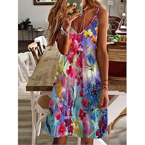 

Women's A Line Dress Strap Dress Knee Length Dress Rainbow Sleeveless Floral Backless Patchwork Print Spring Summer V Neck Casual Vacation 2022 S M L XL XXL / Casual Dress / 3D Print