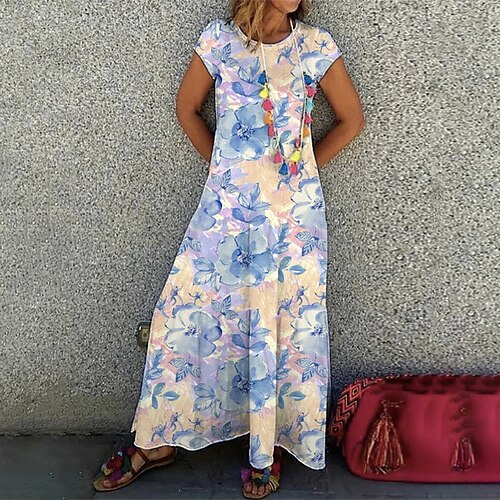 

Women's A Line Dress Maxi long Dress Light Blue Short Sleeve Floral Print Spring Summer Round Neck Casual Loose 2022 M L XL XXL 3XL 4XL