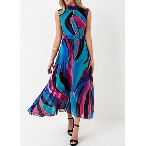 

Women's A Line Dress Midi Dress Blue Sleeveless Color Block Ruched Print Spring Summer Crew Neck Elegant Casual 2022 S M L XL XXL 3XL