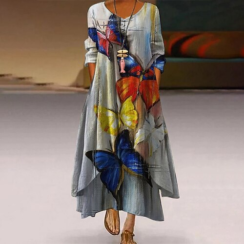 

Women's A Line Dress Maxi long Dress Blue Gray Purple Orange Yellow Long Sleeve Floral Print Spring Summer Round Neck Casual 2022 S M L XL XXL 3XL 4XL 5XL
