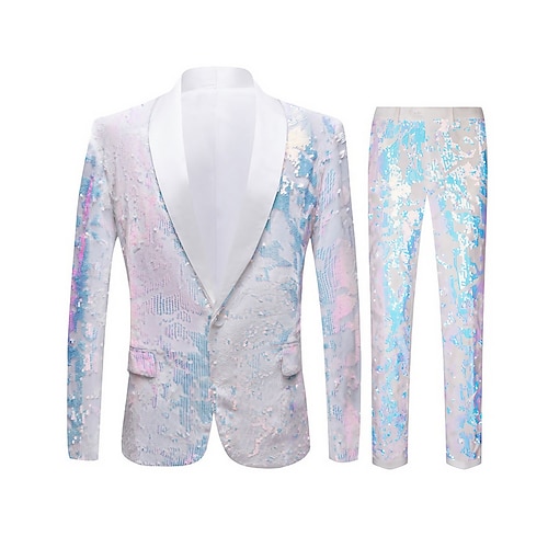 

White Men's Halloween Party Tuxedos 2 Piece Shawl Collar Sequin Tailored Fit Single Breasted One-button 2022