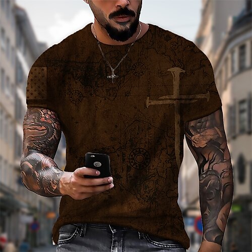 

Men's T shirt Tee Graphic Cross Crew Neck Brown 3D Print Outdoor Casual Short Sleeve Print Clothing Apparel Vintage Fashion Designer Big and Tall / Summer / Summer