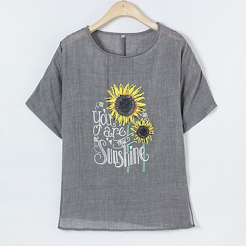 

Women's Plus Size Tops T shirt Floral Letter Print Short Sleeve Crewneck Streetwear Daily Going out Polyester Fall Spring Gray