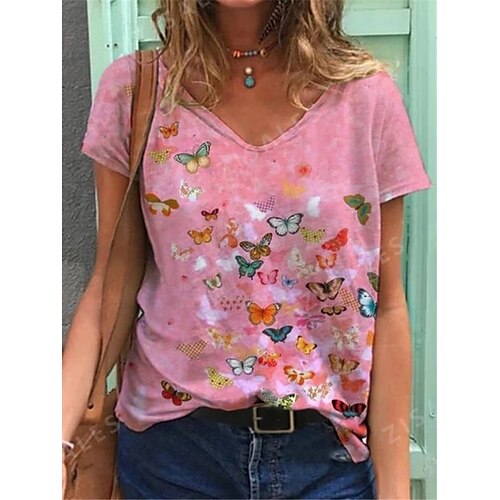 

Women's Butterfly T shirt Butterfly Flower Print V Neck Basic Tops Blue Pink Orange / 3D Print