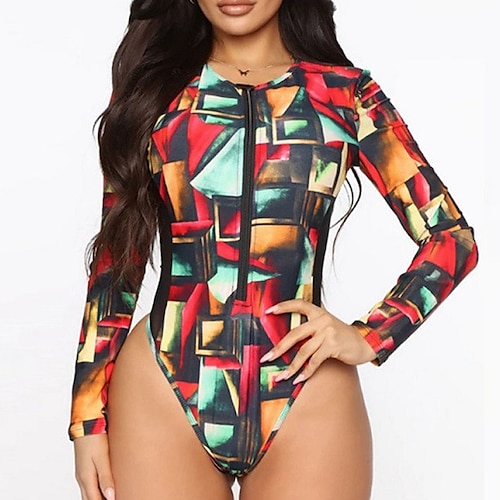 

Mujer Bañadores Lycra Buceo Normal Traje de baño Espalda Abierta Cremallera Estampado Cintura alta Bloque de color Arco Iris Cuchara Trajes de baño nuevo Vacaciones Moda / Moderno