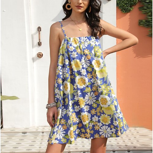 

Women's Swing Dress Short Mini Dress Blue Sleeveless Floral Backless Patchwork Cold Shoulder Summer Spaghetti Strap Stylish Elegant Casual 2022 S M L XL