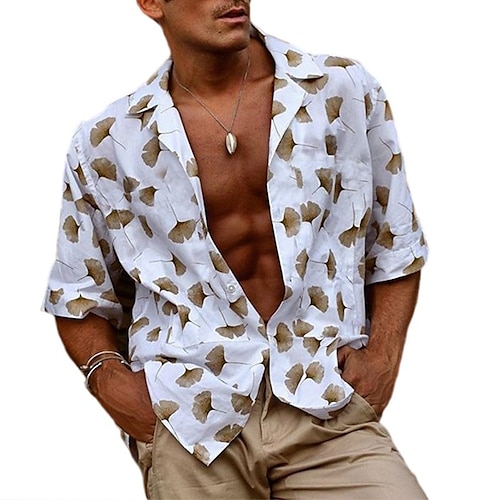 

Men's Shirt Summer Hawaiian Shirt Graphic Leaves Turndown White Hot Stamping Street Casual Long Sleeve Button-Down Print Clothing Apparel Sports Fashion Classic Comfortable