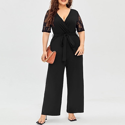 

Women's Plus Size Jumpsuit Lace Solid Color Streetwear Daily Going out High Full Length Spring Summer Black XL XXL 3XL 4XL 5XL
