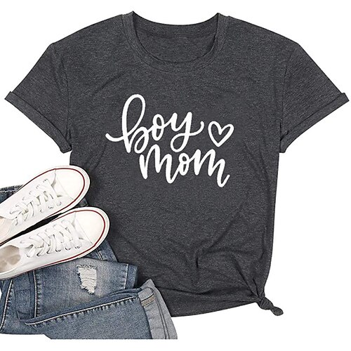 

Women's Painting T shirt Heart Text Print Round Neck Basic Tops Gray