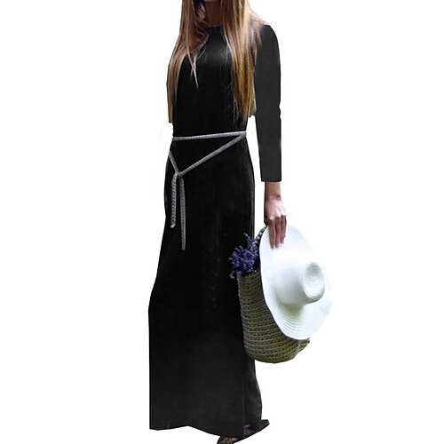 

Women's Shift Dress Maxi long Dress Black Long Sleeve Pure Color Pocket Spring Summer Crew Neck Elegant 2022 S M L XL