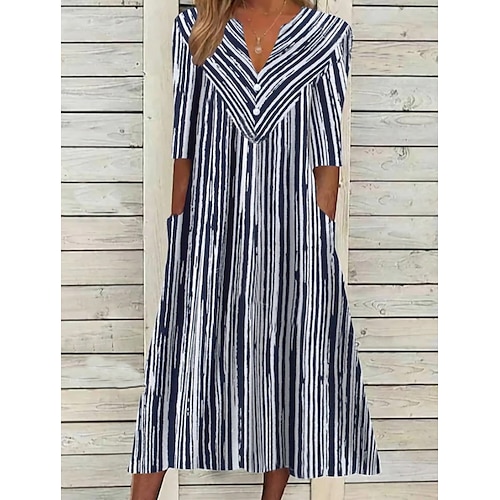 

Per donna Abito casual Vestito longuette Blu marino Mezza manica A strisce Increspato Estate Primavera A V Informale 2023 S M L XL XXL 3XL