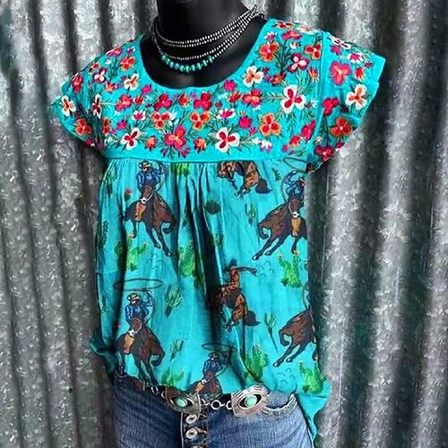 

Women's Plus Size Tops Blouse Floral Horse Print Short Sleeve Crewneck Streetwear Festival Daily Sports Polyester Spring Summer Blue