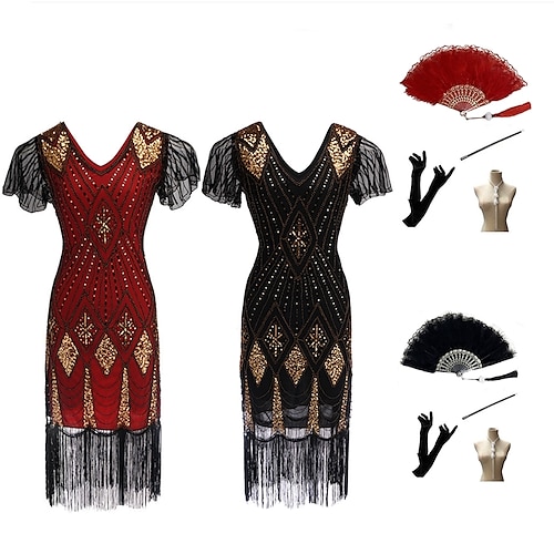 

Vintage inspiriert Der große Gatsby Flapper Kleid Kleid Maskerade Ballkleid Damen Pailletten Quaste Kostüm Jahrgang Cosplay Partyabend Party Abend Kurzarm Kürzer Länge Kleid Halloween