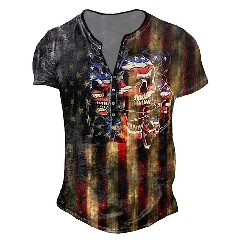 

Men's Henley Shirt T shirt 3D Print Graphic Skull National Flag Henley Street Casual Button-Down Print Short Sleeve Tops Basic Fashion Classic Comfortable Yellow