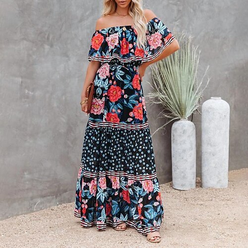

Women's Swing Dress Maxi long Dress Black Short Sleeve Floral Backless Cold Shoulder Print Spring Summer Off Shoulder Stylish Casual 2022 S M L XL XXL