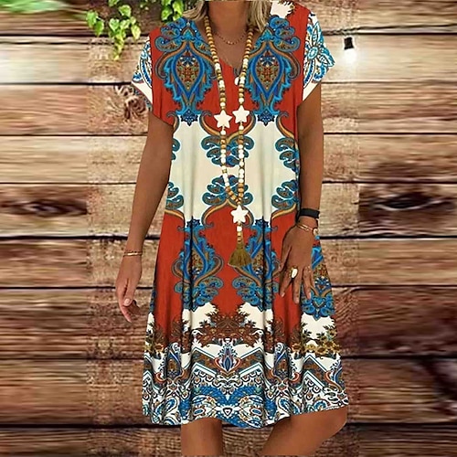 

Women's A Line Dress Knee Length Dress Green Orange Red Short Sleeve Floral Striped Ruched Print Spring Summer V Neck Casual 2022 S M L XL XXL 3XL 4XL 5XL