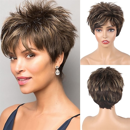 

Short Brown Black Hair Wigs with Bangs Ombre Black Pixie Cut Wigs for Old Lady Women Mixed Dark Brown Highlights Layered Shaggy Synthetic Wigs Natural Straight Cute Daily Wear Wig