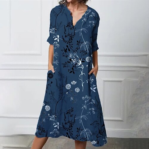 

Women's Swing Dress Midi Dress Dark Blue Light Blue Half Sleeve Floral Cat Pocket Print Spring Summer V Neck Stylish Casual 2022 S M L XL XXL