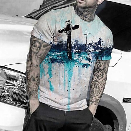 

Men's Unisex T shirt 3D Print Graphic Prints Cross Crew Neck Street Daily Print Short Sleeve Tops Casual Designer Big and Tall Sports Blue