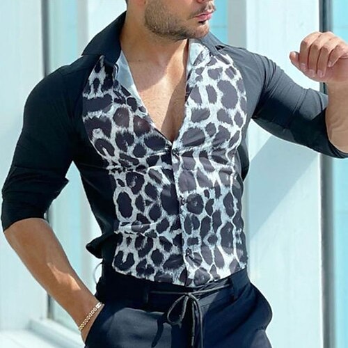 

Men's Shirt Color Block Cheetah Print Turndown Street Casual Button-Down Long Sleeve Tops Fashion Classic Comfortable Big and Tall Black