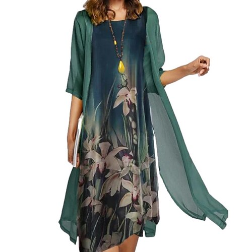 

Robe mi-longue Femme Robe Ensemble Manche Courte Printemps Eté Imprimer Imprime Col Ras du Cou Fin de semaine Ample 2023 Vert foncé M L XL XXL 3XL