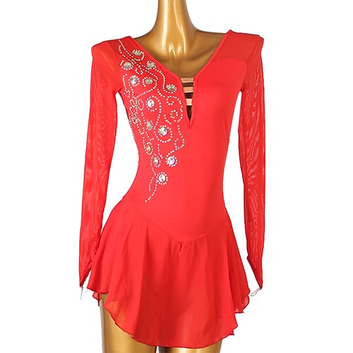 

Figure Skating Dress Women's Girls' Ice Skating Dress Red Open Back Patchwork Mesh Spandex High Elasticity Training Practice Professional Skating Wear Classic Crystal / Rhinestone Long Sleeve Ice