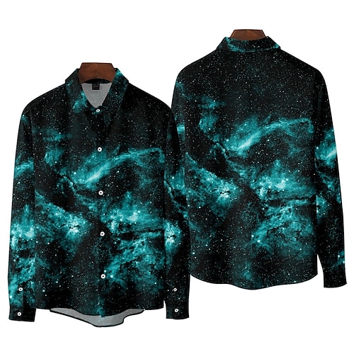 

Men's Shirt 3D Print Galaxy Collar Street Casual Long Sleeve Tops Fashion Vintage Classic Blue-Green