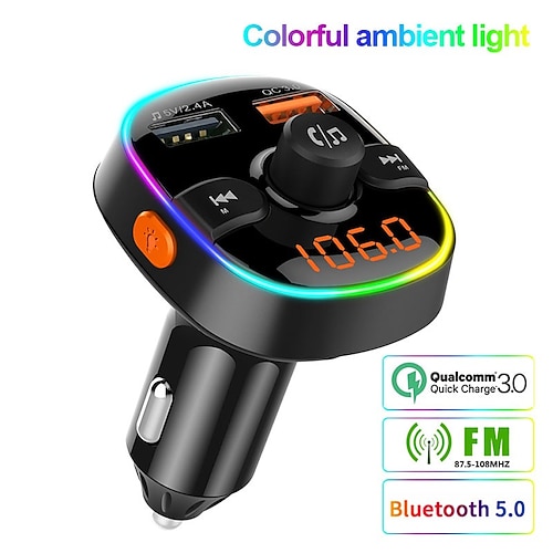 

Bluetooth FM Transmitter V5.0 Car MP3 Audio Player with LED Backlit Wireless Handsfree Car Kit QC3.0 Dual USB Charger