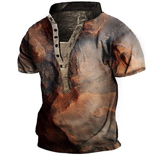 

Men's Henley Shirt T shirt 3D Print Graphic Mountain Stand Collar Street Casual Button-Down Print Short Sleeve Tops Basic Fashion Classic Comfortable Brown