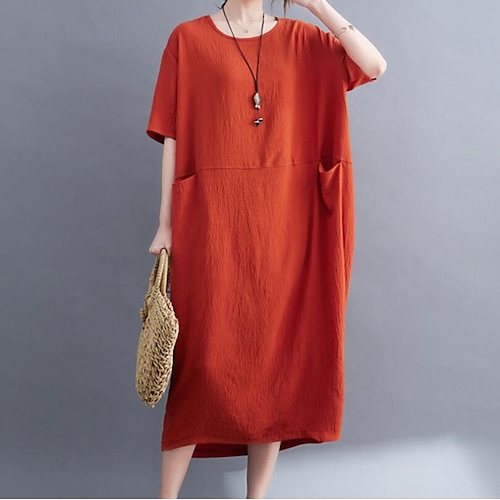 

Women's Shift Dress Knee Length Dress Orange Yellow Short Sleeve Solid Color Pocket Summer Crew Neck Vintage Linen L XL