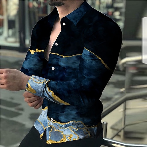 

Men's Shirt Graphic Shirt Marble Turndown Blue 3D Print Outdoor Street Long Sleeve Button-Down Print Clothing Apparel Fashion Designer Casual Breathable / Summer / Spring / Summer