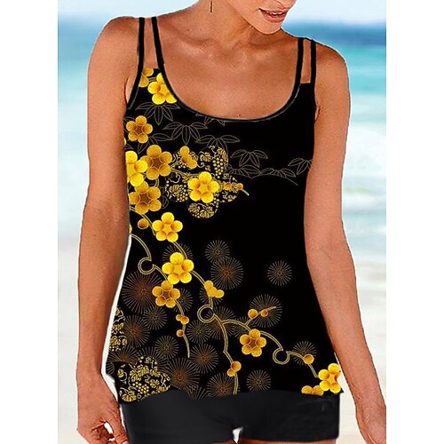 

Women's Swimwear Tankini 2 Piece Normal Swimsuit Printing Floral Yellow Camisole Strap Bathing Suits Sports Vacation Fashion / Sexy / Modern / New / Padded Bras