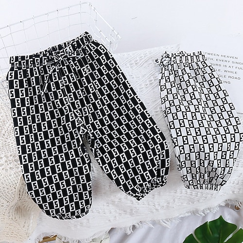 

Kids Boys Pants White Black Print Plaid Drawstring Fall Spring Active Casual 1-5 Years