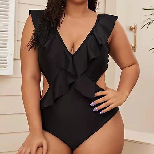 

Mujer Bañadores Una pieza Monokini Trajes de baño Talla Grande Traje de baño Volante Espalda Abierta Color puro Negro Escote en V Trajes de baño nuevo Vacaciones Moda / Sensual / Moderno