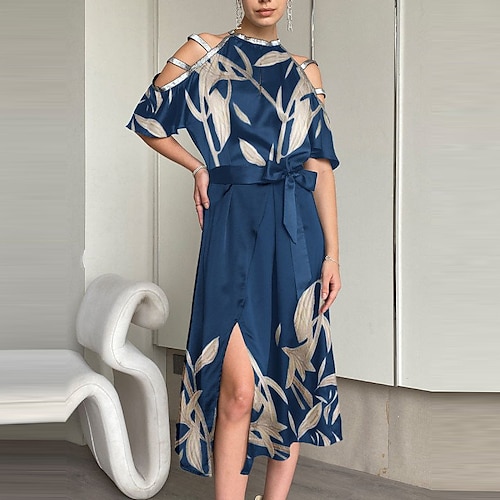 

Women's A Line Dress Midi Dress Blue Dark Blue Orange Yellow Half Sleeve Floral Color Block Geometric Split Cold Shoulder Bow Spring Summer Crew Neck Personalized Work Elegant 2022 S M L XL XXL 3XL