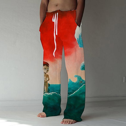 

Inspired by Demon Slayer: Kimetsu no Yaiba Kamado Tanjiro Linen Pants Straight Trousers Cotton Blend Anime Elastic Drawstring Design Front Pocket Pants For Men's