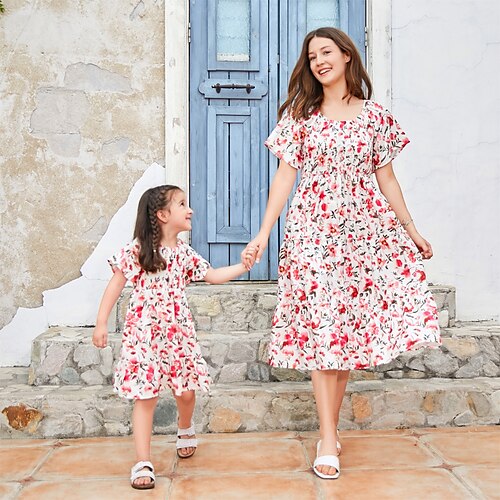 

Famille Robes T-shirt Hauts Floral du quotidien Imprimer Rouge Manche Courte Midi Tenues maman et moi du quotidien Tenues assorties