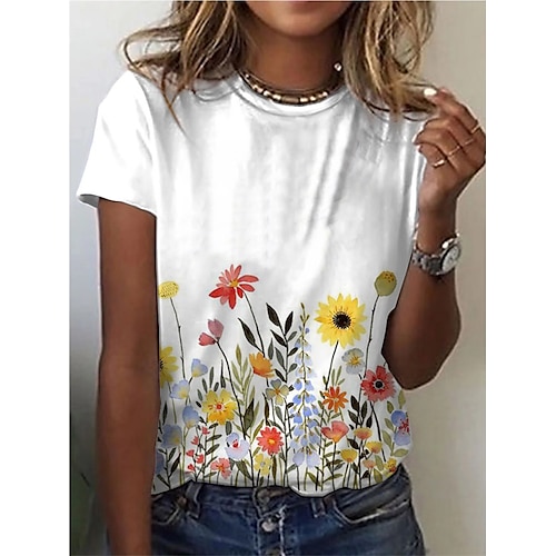 

Women's T shirt Tee White Floral Plants Print Short Sleeve Casual Daily Basic Round Neck Regular Floral S / 3D Print