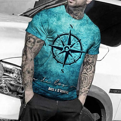 

Men's Unisex T shirt 3D Print Graphic Prints Compass Crew Neck Street Daily Print Short Sleeve Tops Casual Designer Big and Tall Sports Blue
