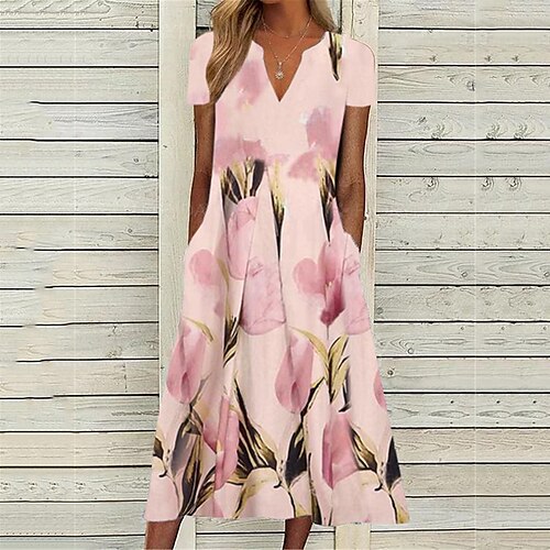 

Women's Casual Dress Swing Dress Midi Dress Pink Short Sleeve Floral Pocket Spring Summer V Neck Loose Fit 2022 S M L XL XXL