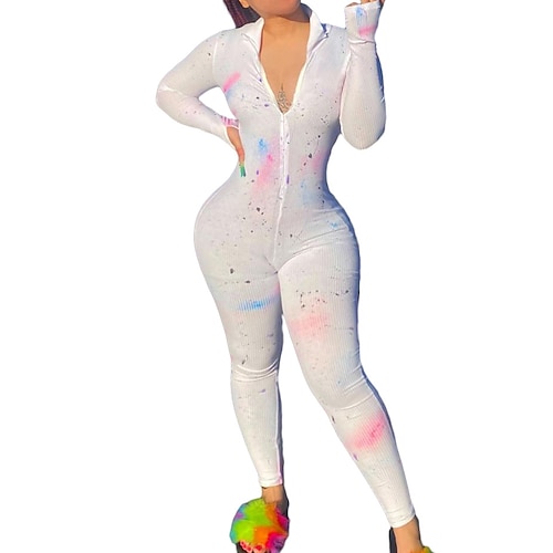 

Women's Jumpsuit High Waist Tie Dye V Neck Active Sport Weekend Regular Fit Long Sleeve White S M L Spring
