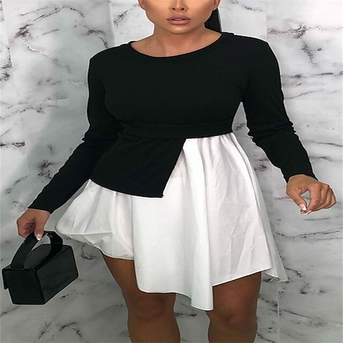 

Women's A Line Dress Short Mini Dress Black Long Sleeve Color Block Patchwork Spring Summer Crew Neck Stylish 2022 S M L XL
