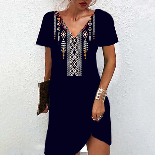 

Women's A Line Dress Short Mini Dress Black Short Sleeve Geometric Print Spring Summer V Neck Casual Vacation 2022 S M L XL XXL 3XL