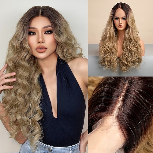 

HAIRCUBE Ombre Brown Dark Root 24 inch Lace Front Wig Long Culy Wavy 1341 T Part Kanekalon Lace Wig With Baby Hair for Black Woman 180% Density